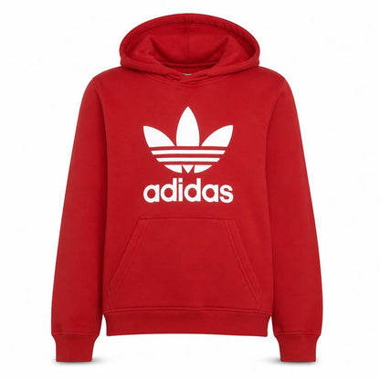 Front view of Adidas Men's Red Pullover Hoodie L Fleece Graphic Trefoil Sportswear