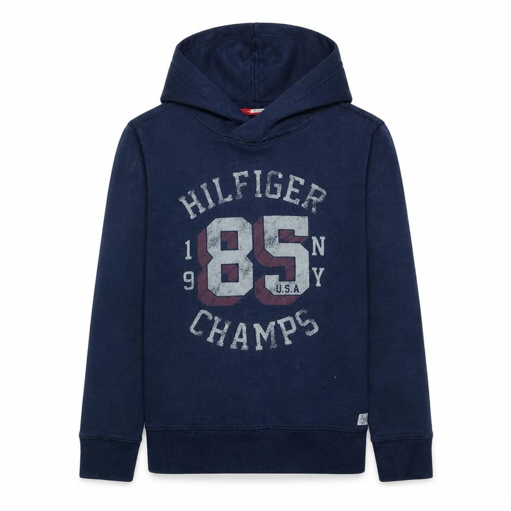 Front view of Tommy Hilfiger Teens Blue Pullover Hoodie 164 Logo Graphic Sweatshirt