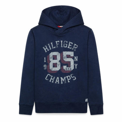 Front view of Tommy Hilfiger Teens Blue Pullover Hoodie 164 Logo Graphic Sweatshirt