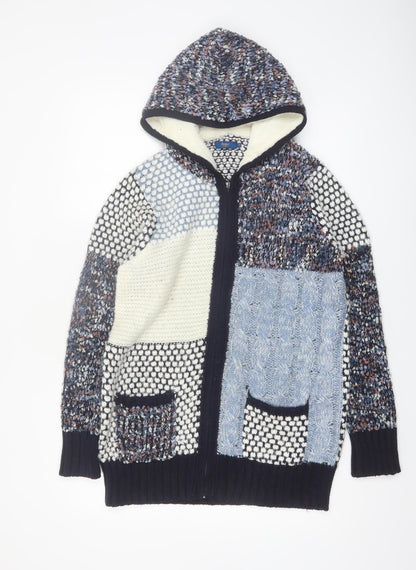 Cotton Traders Women's Navy Patchwork Hooded Full Zip Cardigan Size 12