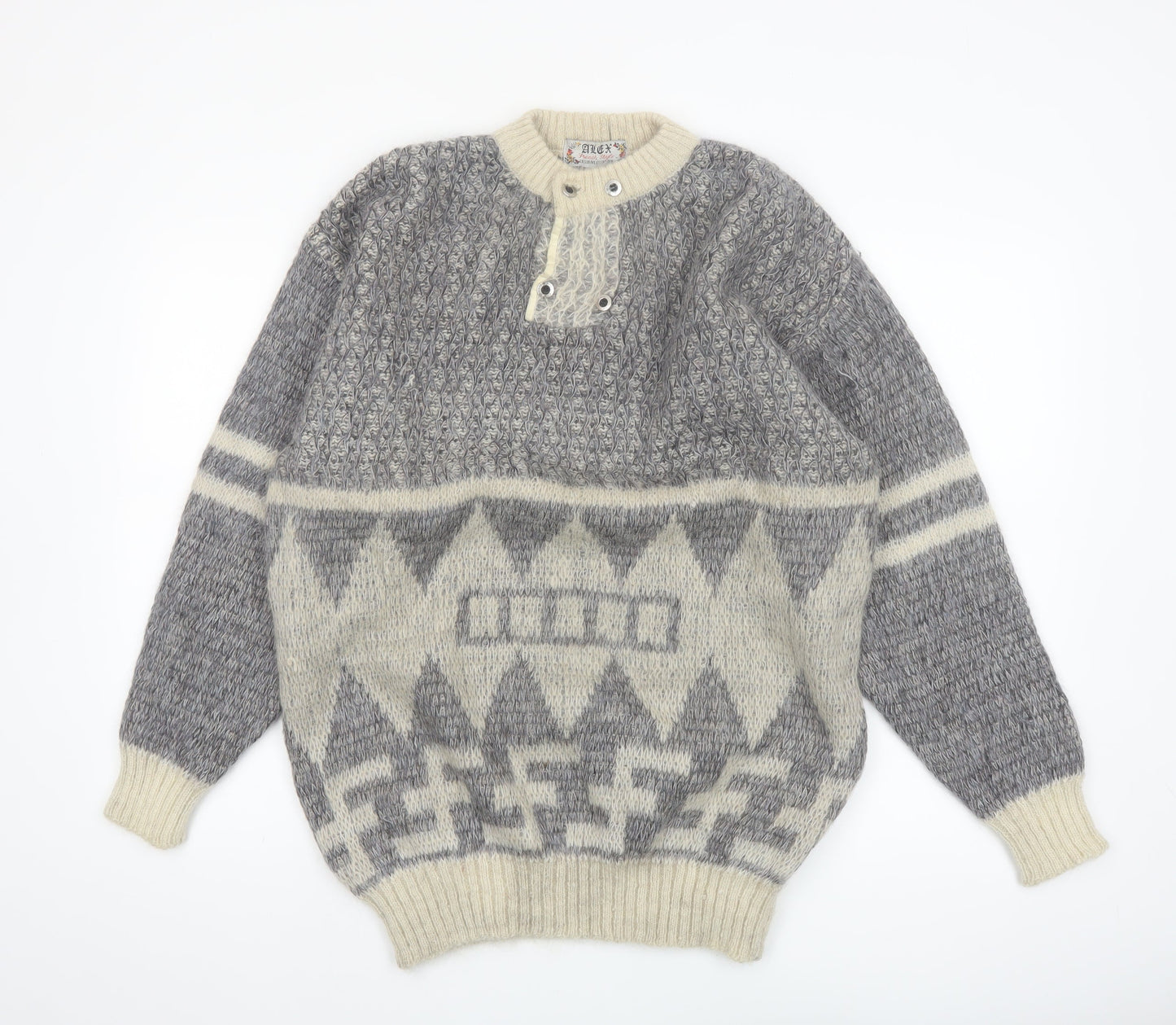 Alex Men’s Grey Mohair Blend Chunky Henley Jumper Size L