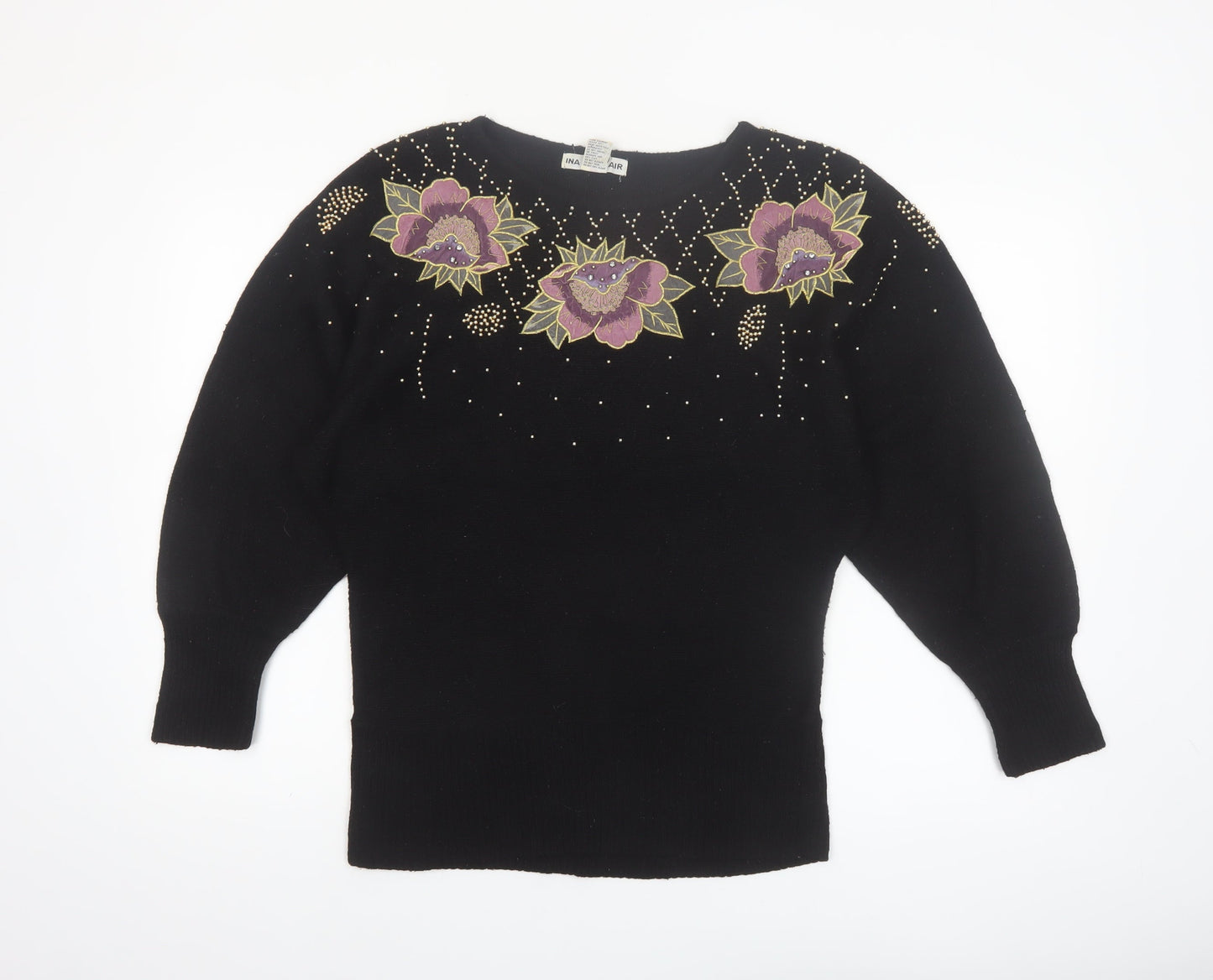 Ina Sinclair Womens Black S Pullover Floral Beaded Silk Angora Jumper