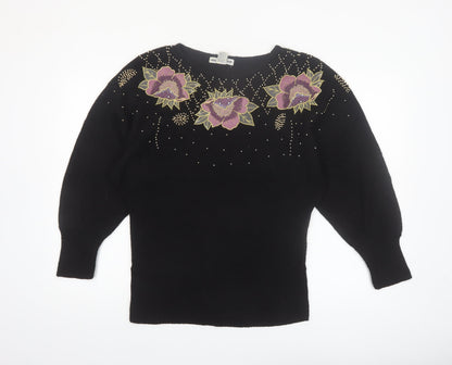 Ina Sinclair Womens Black S Pullover Floral Beaded Silk Angora Jumper