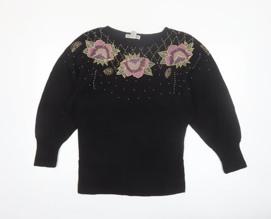 Ina Sinclair Womens Black S Pullover Floral Beaded Silk Angora Jumper