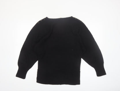 Ina Sinclair Womens Black S Pullover Floral Beaded Silk Angora Jumper