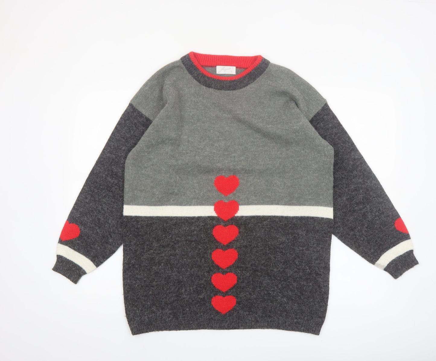 Borgelt Women's Grey Red Heart Knit Crew Neck Jumper Size S