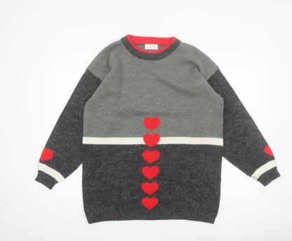 Borgelt Women's Grey Red Heart Knit Crew Neck Jumper Size S