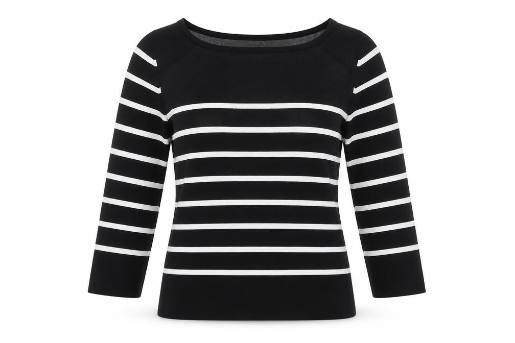 Cable & Gauge Women's Black Striped Boat Neck 3/4 Sleeve Pullover Jumper Size S