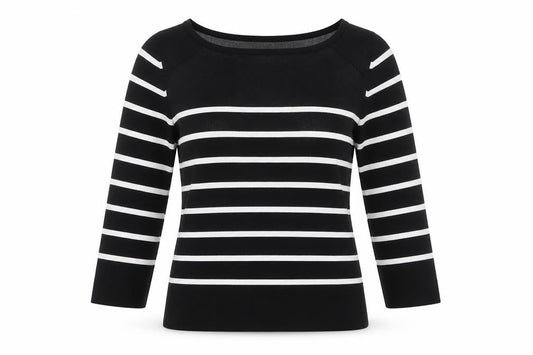 Cable & Gauge Women's Black Striped Boat Neck 3/4 Sleeve Pullover Jumper Size S