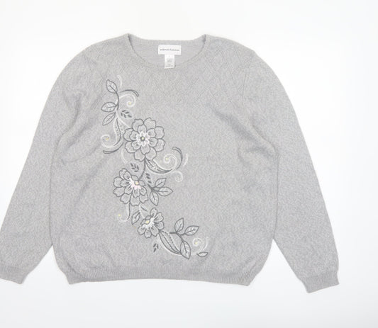 Alfred Dunner Women's Grey Floral Embroidered Pullover Jumper Size L