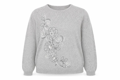 Alfred Dunner Women's Grey Floral Embroidered Pullover Jumper Size L