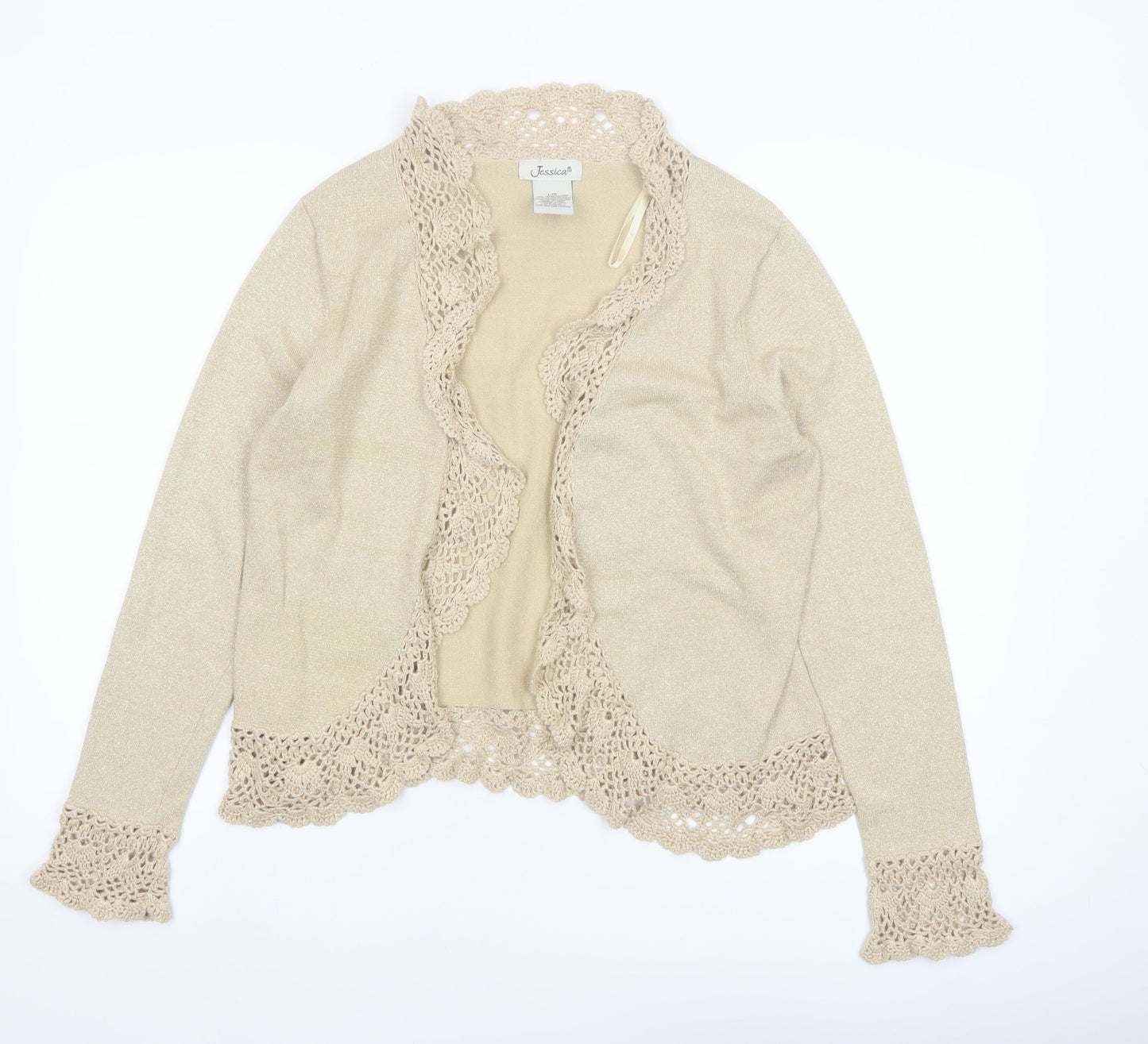 Jessica Women Beige Long Sleeve Crochet Trim Open Cardigan L