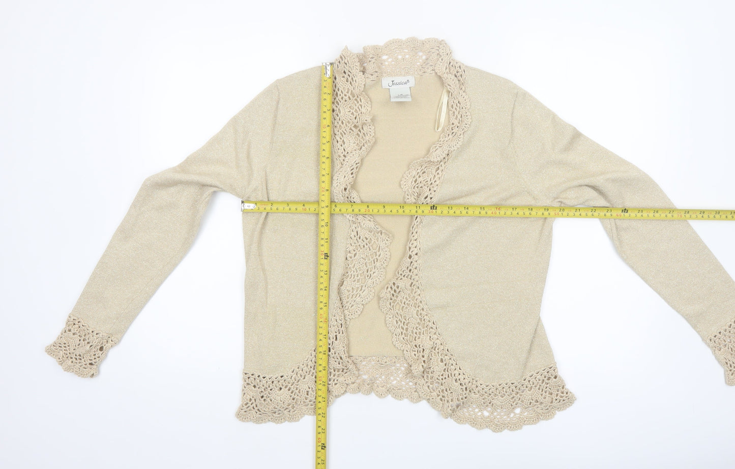 Jessica Women Beige Long Sleeve Crochet Trim Open Cardigan L