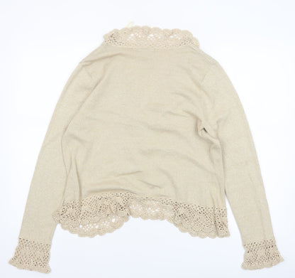 Jessica Women Beige Long Sleeve Crochet Trim Open Cardigan L