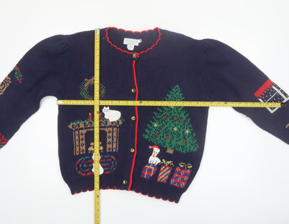Sweater Loft Womens Blue Christmas Cat Dog Knit Cardigan M