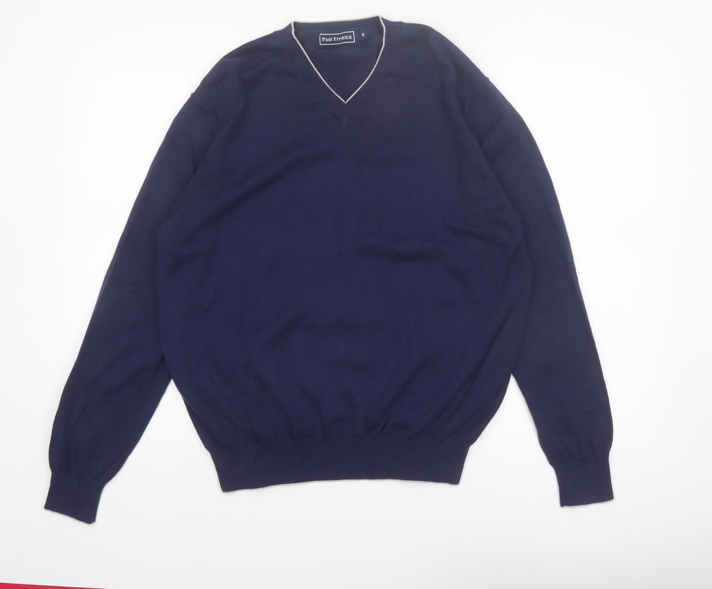 Paul Fredrick Men's Blue V-Neck Cotton Jumper Medium