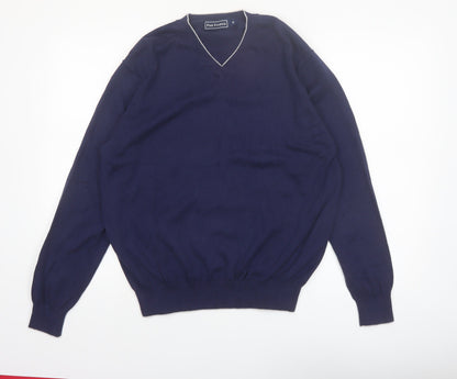 Paul Fredrick Men's Blue V-Neck Cotton Jumper Medium