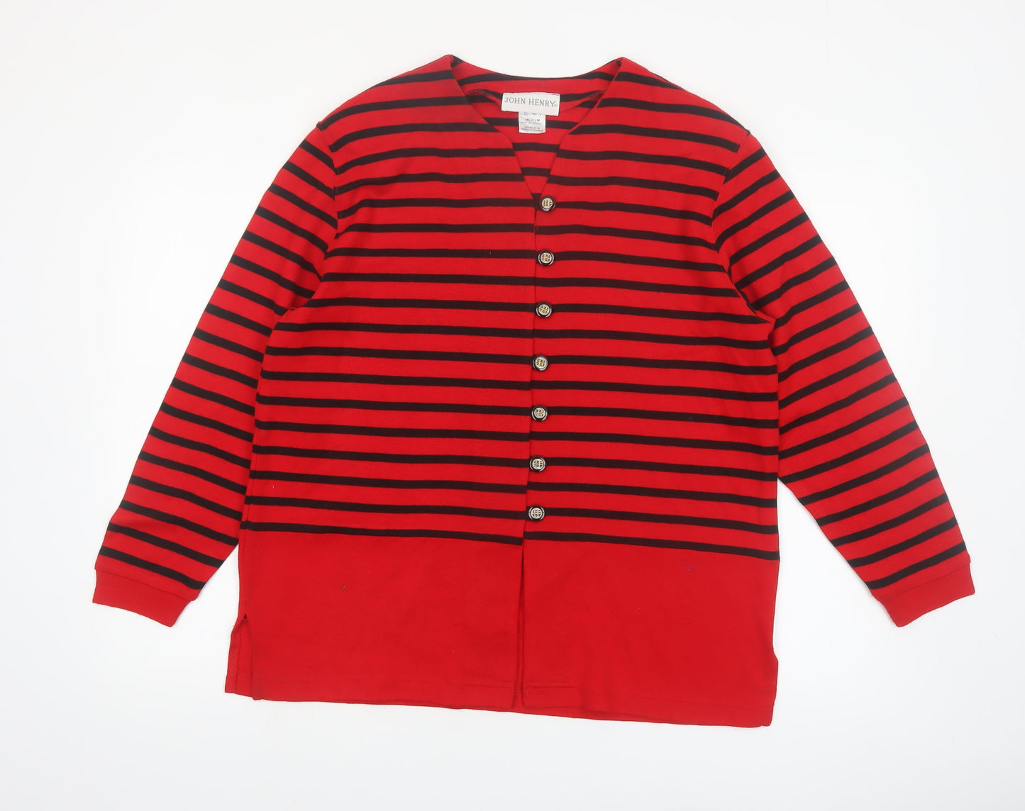 John Henry Womens Red Black Striped Cardigan Medium V-Neck Knit