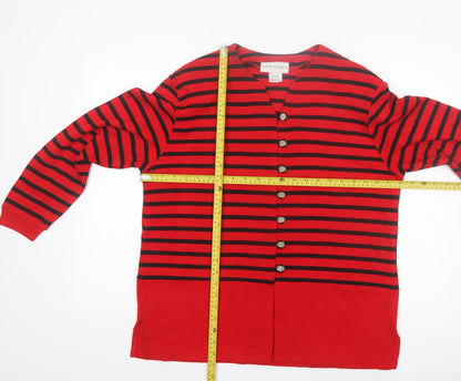John Henry Womens Red Black Striped Cardigan Medium V-Neck Knit
