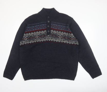 Tricots St. Raphael Men's Blue Fair Isle Henley Wool Jumper XL