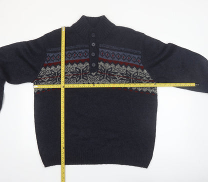 Tricots St. Raphael Men's Blue Fair Isle Henley Wool Jumper XL