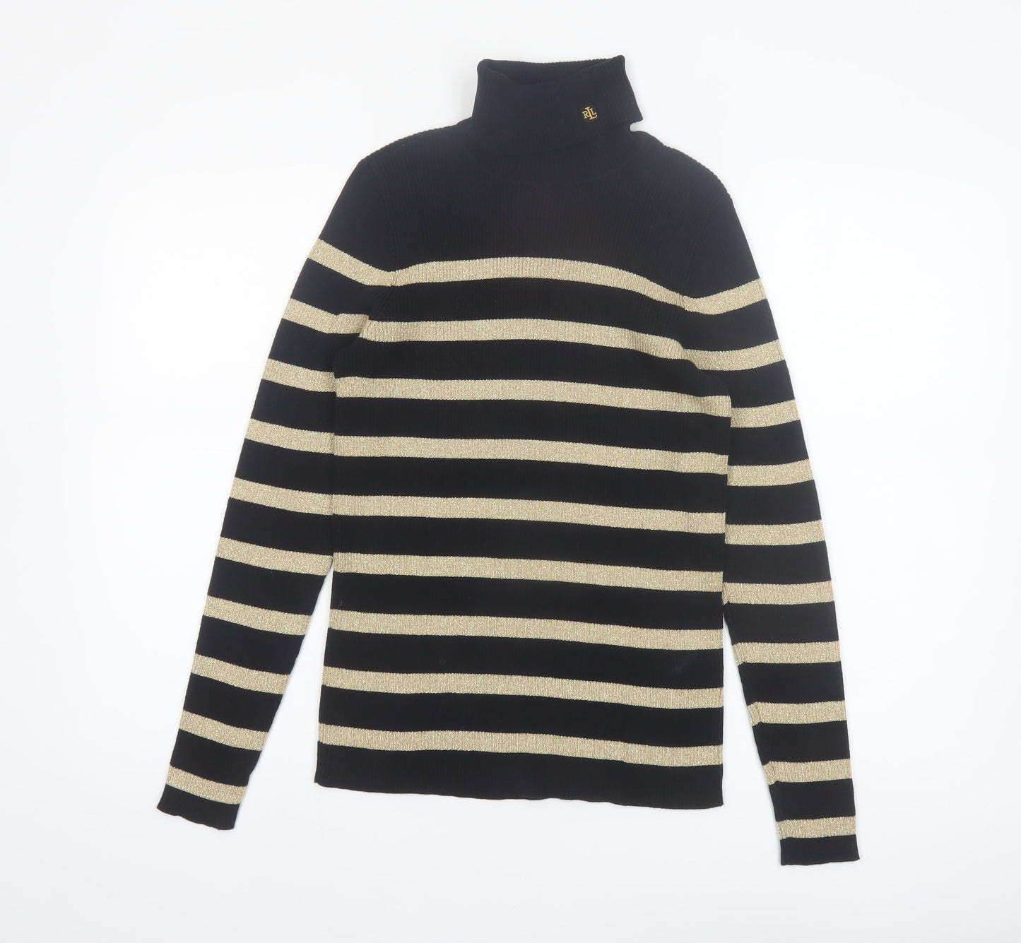 Lauren Ralph Lauren Women Black Gold Striped Roll Neck Jumper Petite M