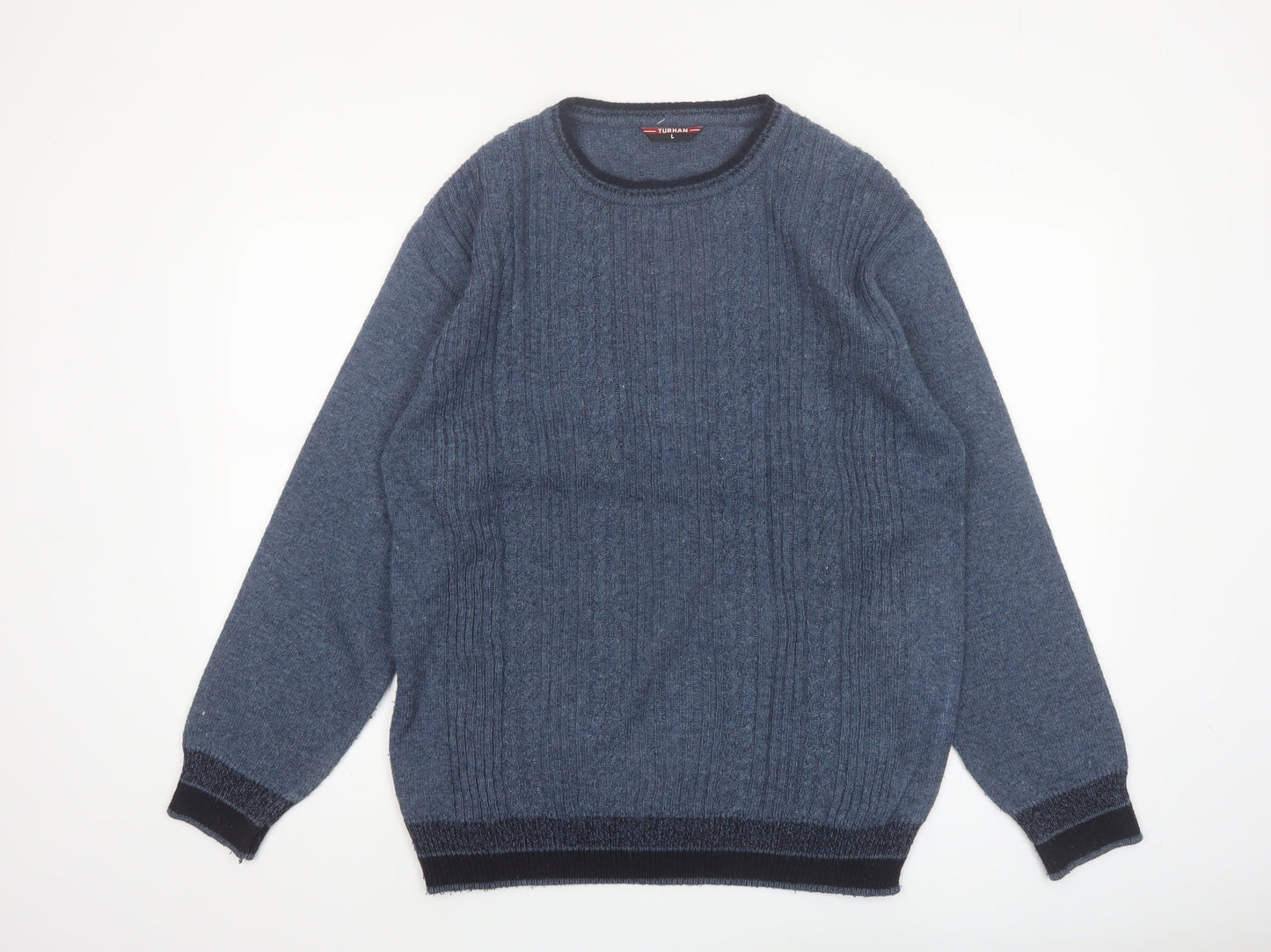 Turhan Men's Blue Wool Blend Crew Neck Jumper Size L