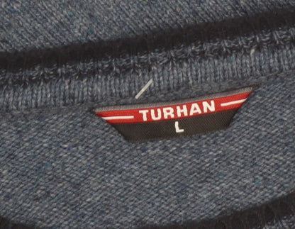 Turhan Men's Blue Wool Blend Crew Neck Jumper Size L