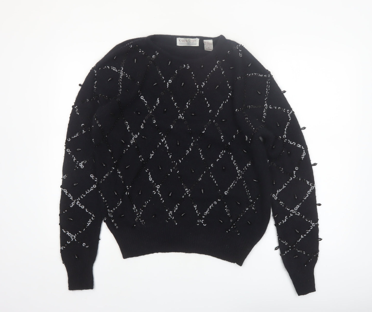 Karen Scott Women Black L Beaded Argyle Silk Blend Jumper