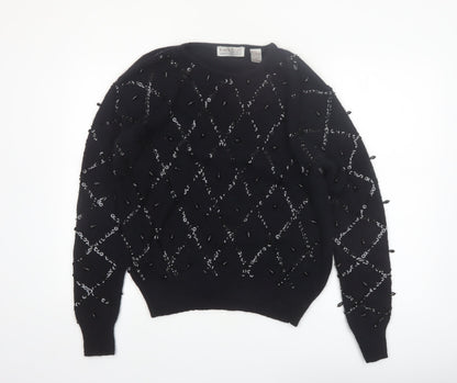 Karen Scott Women Black L Beaded Argyle Silk Blend Jumper