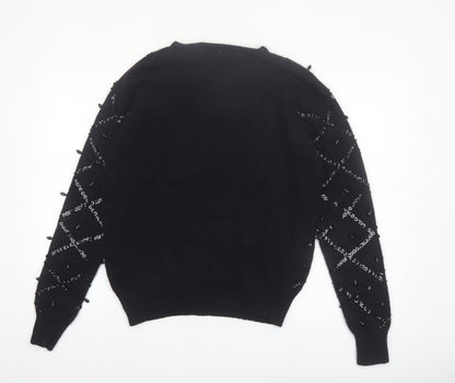 Karen Scott Women Black L Beaded Argyle Silk Blend Jumper