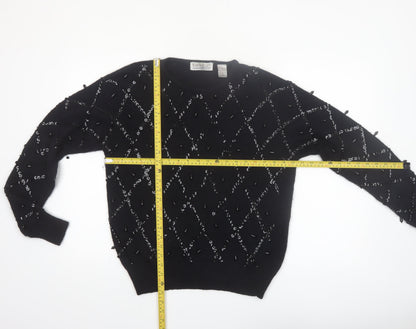 Karen Scott Women Black L Beaded Argyle Silk Blend Jumper