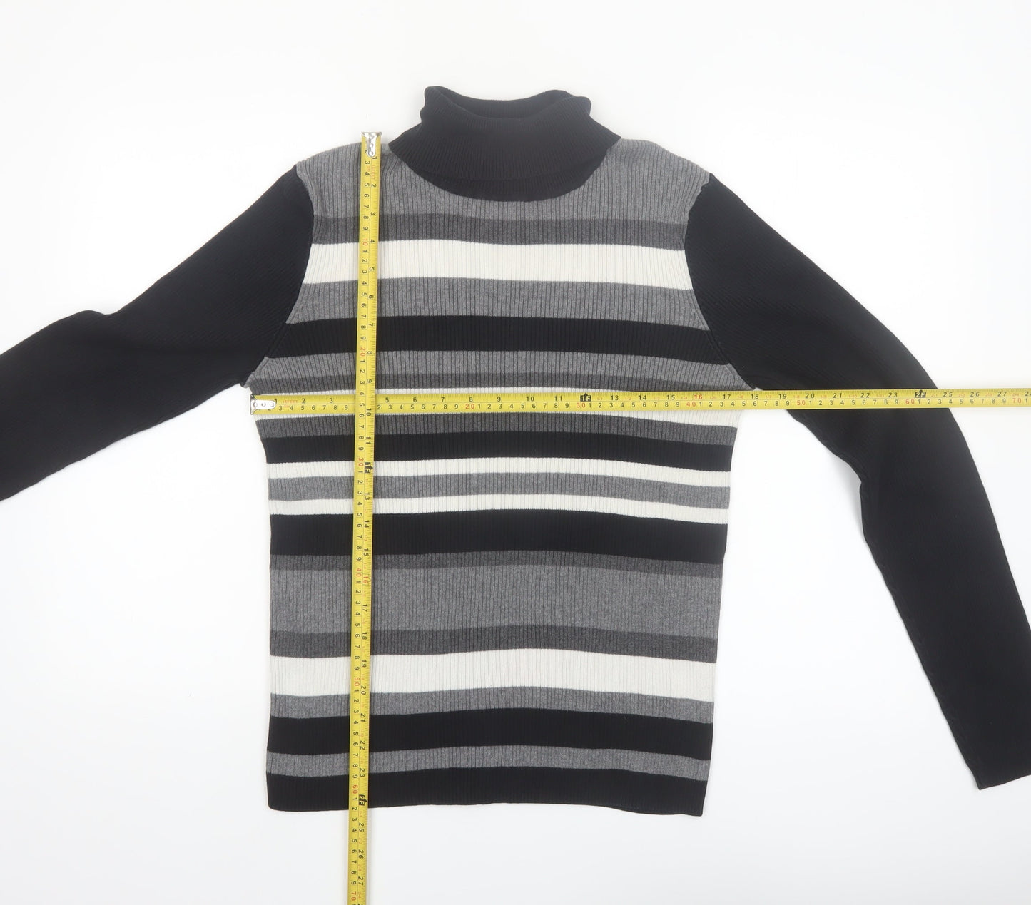 Northern Reflections Women’s Black Striped Roll Neck Cotton Jumper Size L