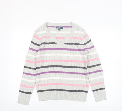 Karen Scott Women’s Multicoloured Striped V-Neck Cotton Jumper Size 12