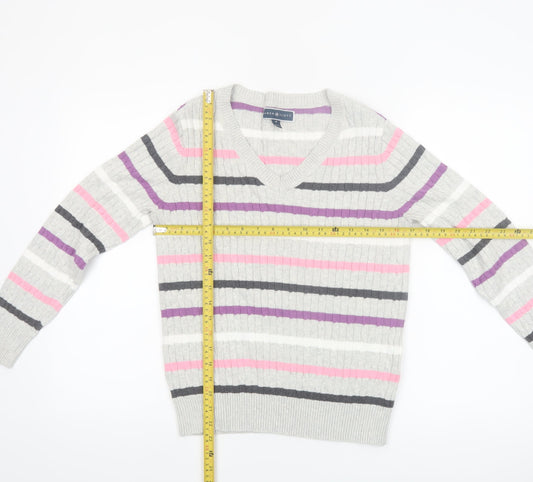 Karen Scott Women’s Multicoloured Striped V-Neck Cotton Jumper Size 12