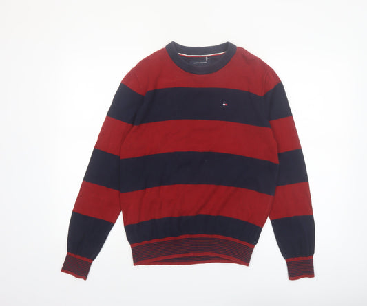 Tommy Hilfiger Men's Red & Navy Striped Cotton Pullover Jumper XS