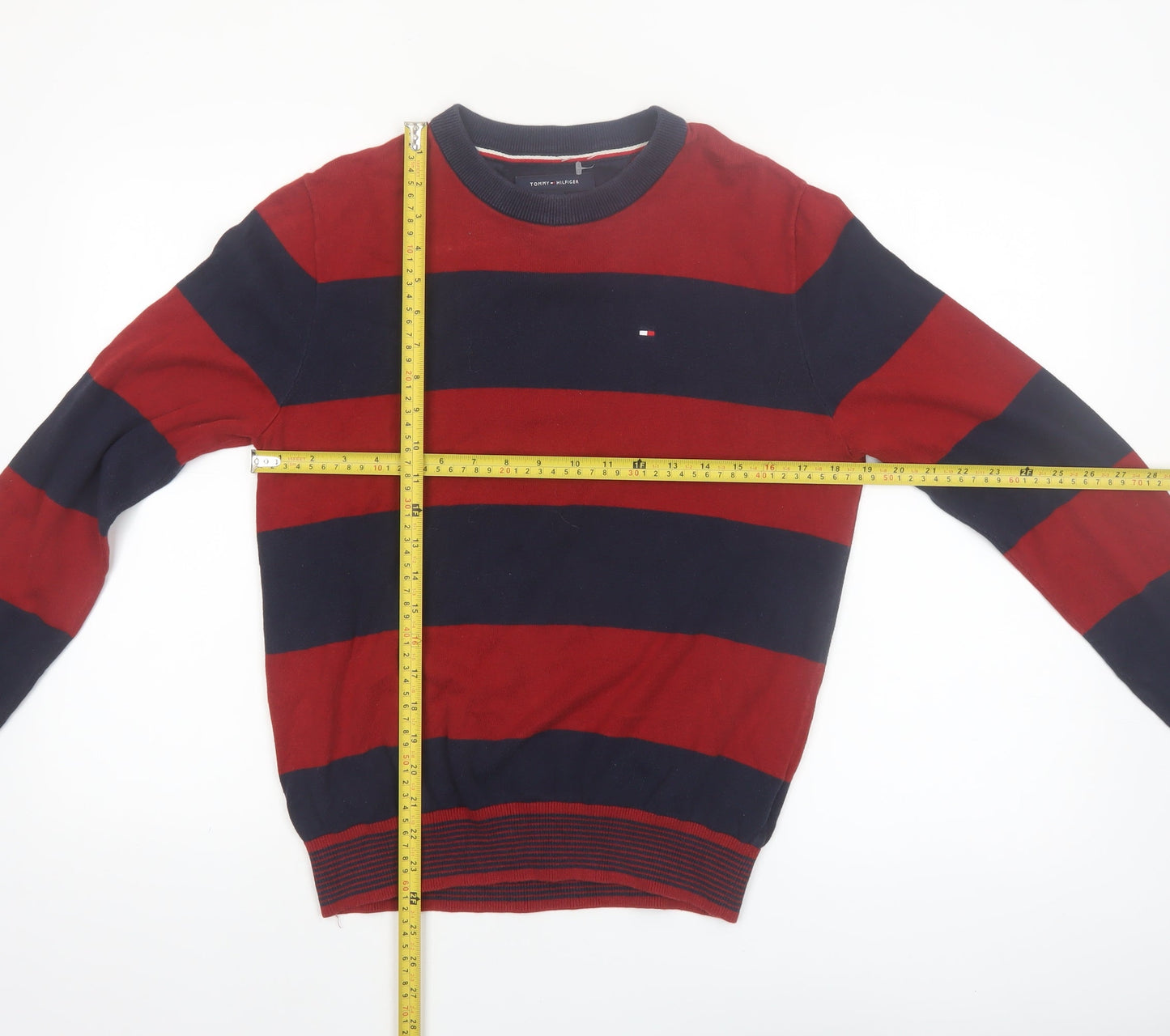 Tommy Hilfiger Men's Red & Navy Striped Cotton Pullover Jumper XS