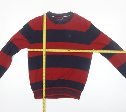 Tommy Hilfiger Men's Red & Navy Striped Cotton Pullover Jumper XS