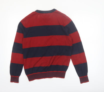 Tommy Hilfiger Men's Red & Navy Striped Cotton Pullover Jumper XS