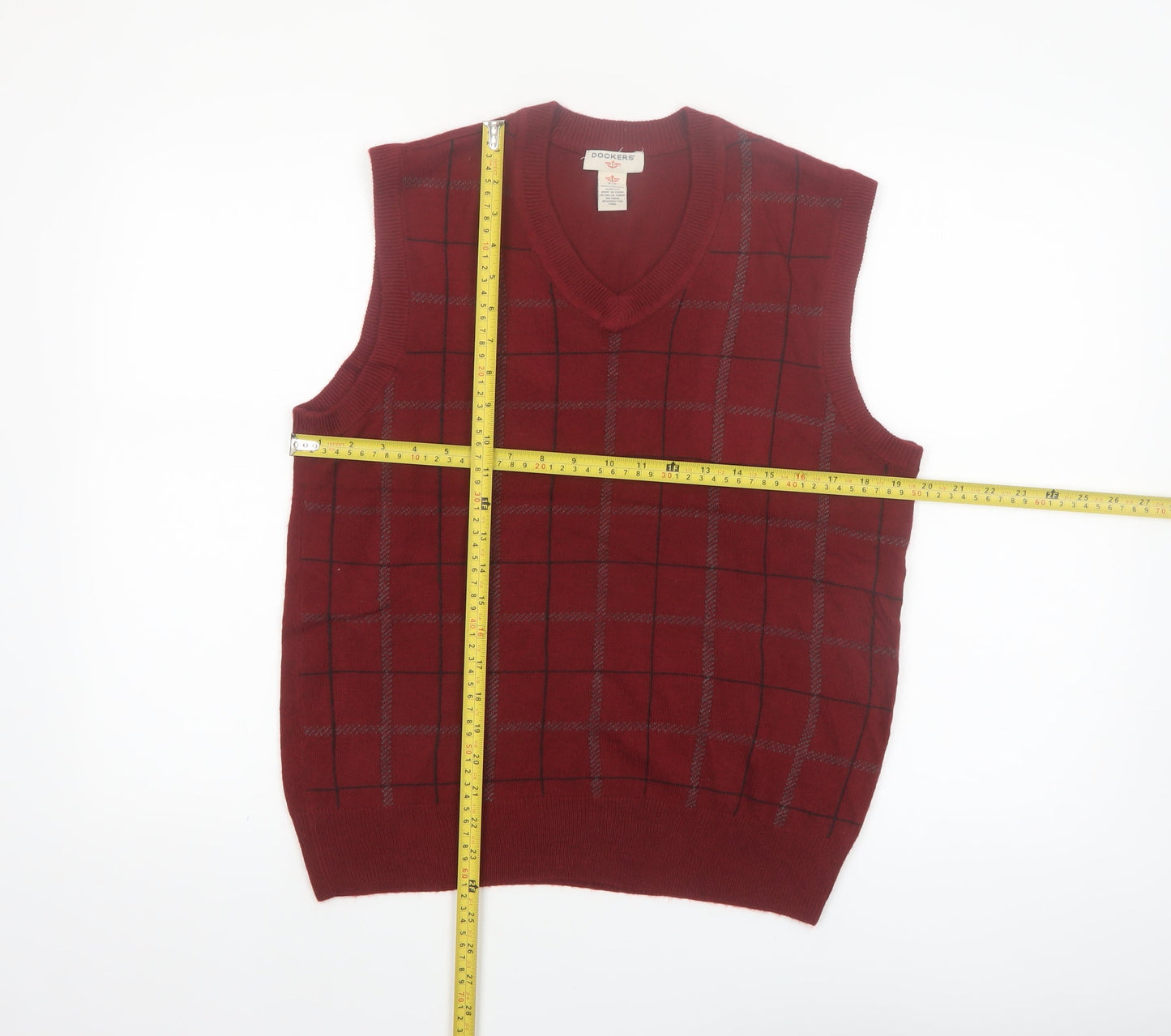 Dockers Men's Red Check V-Neck Sleeveless Knit Jumper Vest Size S