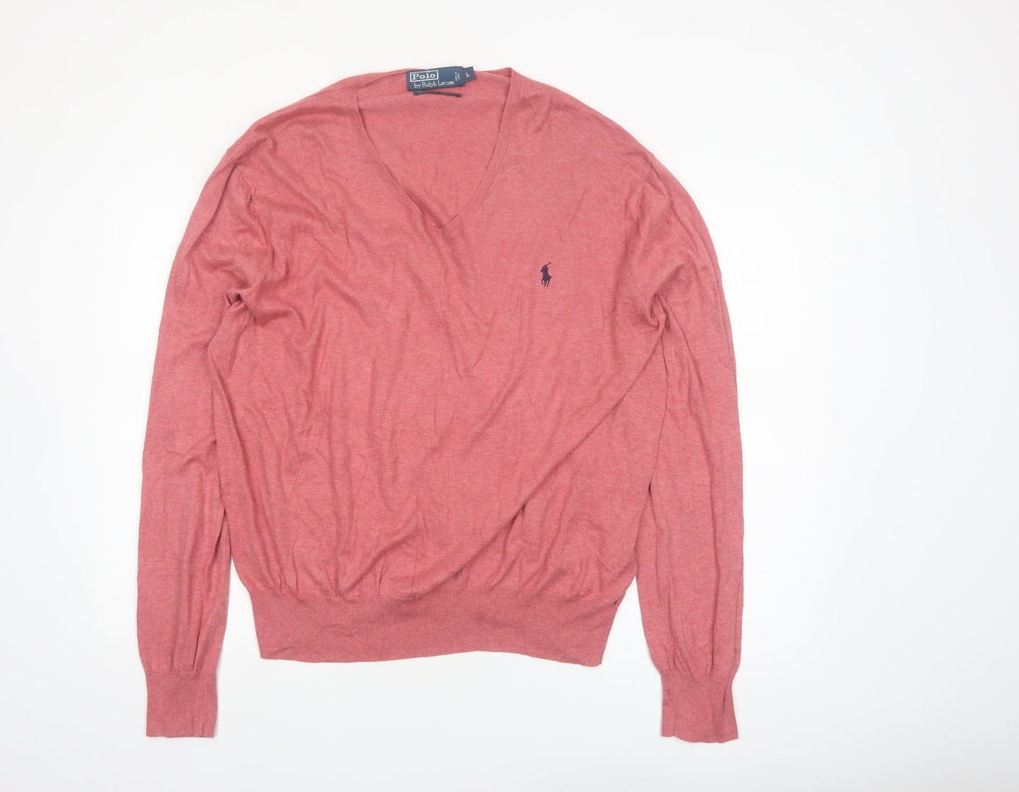 Polo Ralph Lauren Men's Pink V-Neck Cotton Jumper Size L