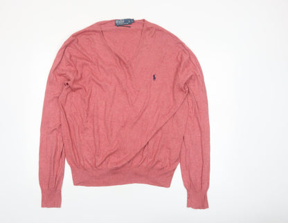 Polo Ralph Lauren Men's Pink V-Neck Cotton Jumper Size L