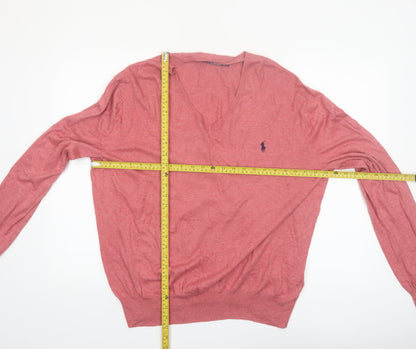Polo Ralph Lauren Men's Pink V-Neck Cotton Jumper Size L