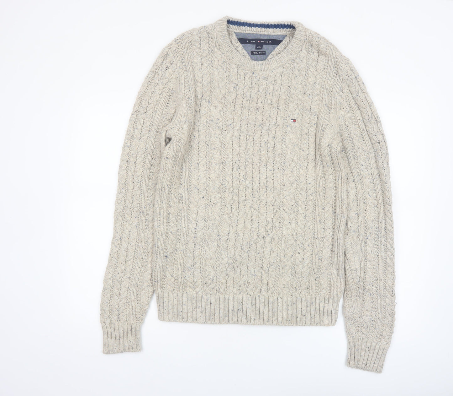 Tommy Hilfiger Men's Beige Cable-Knit Wool Cotton Jumper M Classic Fit