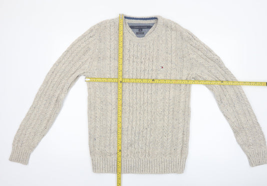 Tommy Hilfiger Men's Beige Cable-Knit Wool Cotton Jumper M Classic Fit