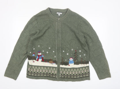 Croft & Barrow Women's Green Christmas Cardigan XL Embroidered Zip Knit