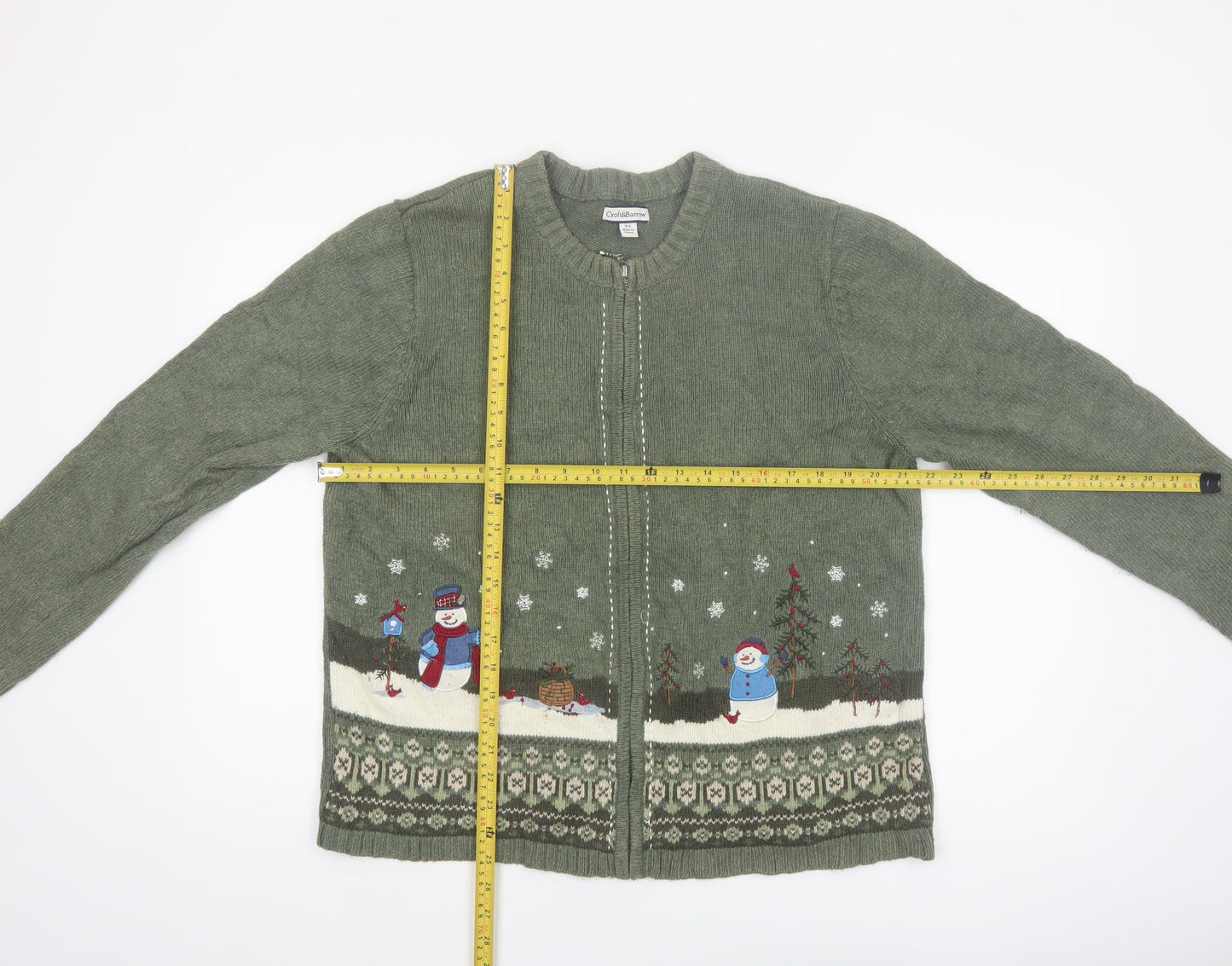 Croft & Barrow Women's Green Christmas Cardigan XL Embroidered Zip Knit