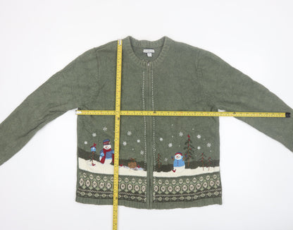 Croft & Barrow Women's Green Christmas Cardigan XL Embroidered Zip Knit