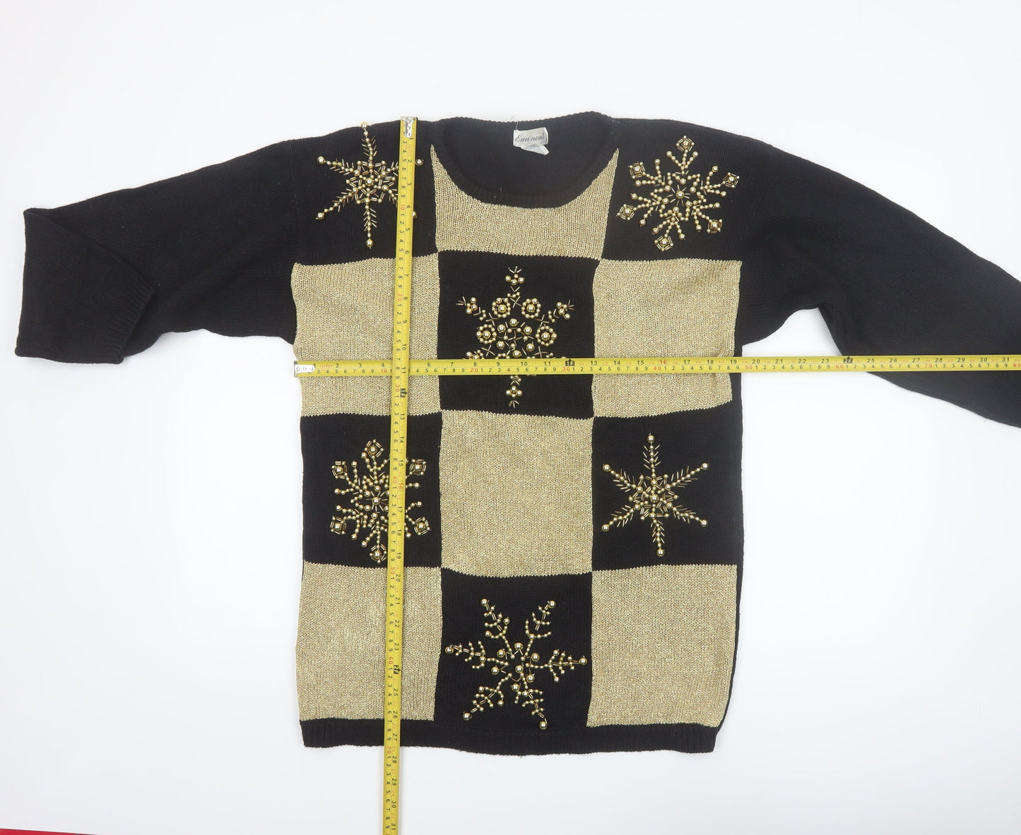 Eminent Womens Black Gold Beaded Christmas Pullover Jumper M