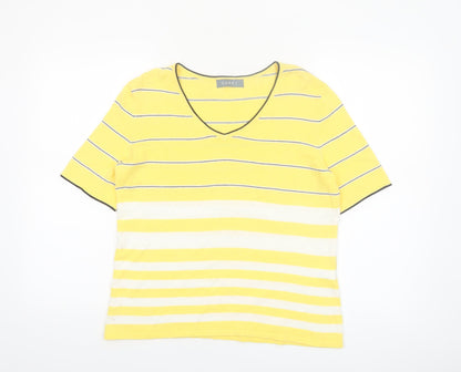 Koret Women Yellow Striped V-Neck Cotton Short Sleeve T-Shirt Size S